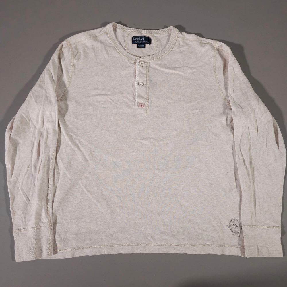 Polo Ralph Lauren Henley Shirt Mens XL Oatmeal Long Sleeve Cotton Graphic Stamp